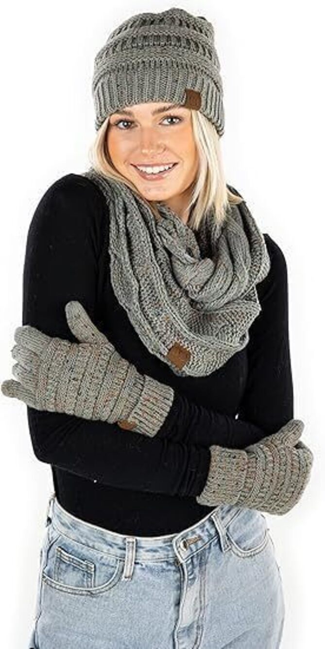 3052 Matching 3 Pack Beanie, Glove, & Scarf Bundle: Confetti Dove Grey